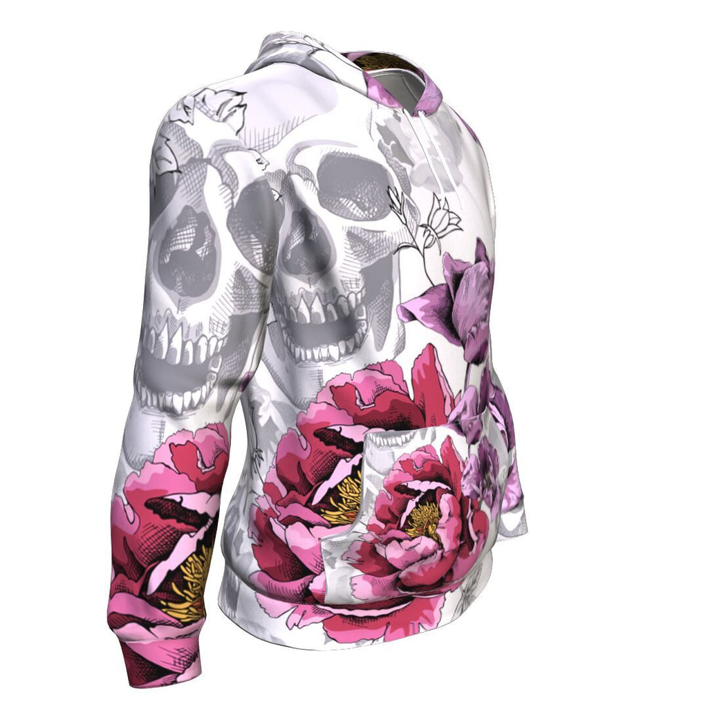 Pink Peony, Violet Tulips Flowers And Silver Gray Skulls Halloween Hoodie Over Print - shirtskishirt