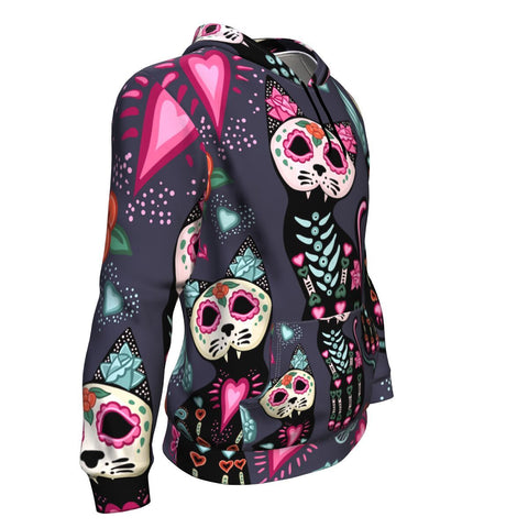 Image of Cats And Colorful Decorative Flowers, Day Of The Dead And Halloween Hoodie Over Print - shirtskishirt