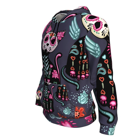Image of Cats And Colorful Decorative Flowers, Day Of The Dead And Halloween Hoodie Over Print - shirtskishirt