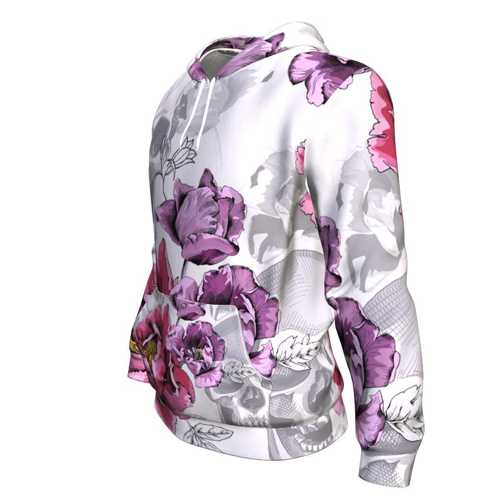 Pink Peony, Violet Tulips Flowers And Silver Gray Skulls Halloween Hoodie Over Print - shirtskishirt
