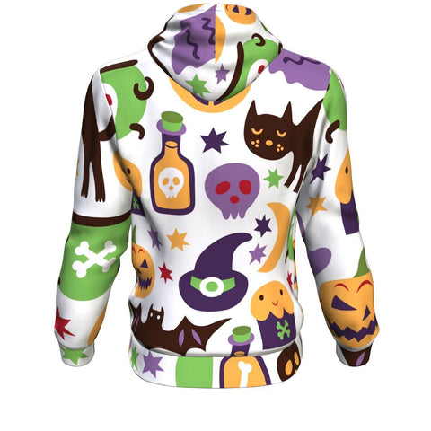 Image of Cat, Witches, Bats, Candy Sweet And Pumpkins With Halloween Hoodie Over Print - shirtskishirt