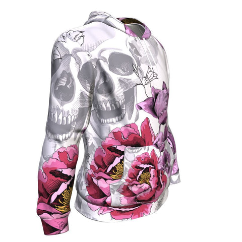 Image of Pink Peony, Violet Tulips Flowers And Silver Gray Skulls Halloween Hoodie Over Print - shirtskishirt