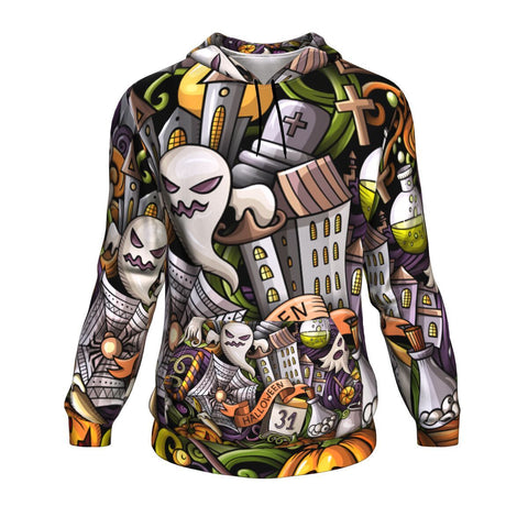 Image of Cartoon Cute Doodles Hand Drawn Halloween Hoodie Over Print - shirtskishirt