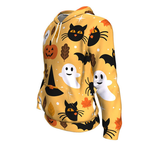 Image of Halloween Ghost Skull Pumpkin And Black Cat Halloween Hoodie Over Print - shirtskishirt