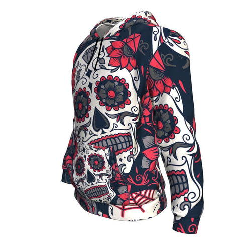 Image of Day Of The Dead Colorful Sugar Skull With Floral Ornament And Flower Halloween Hoodie Over Print - shirtskishirt
