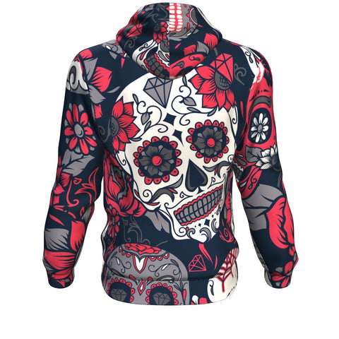 Image of Day Of The Dead Colorful Sugar Skull With Floral Ornament And Flower Halloween Hoodie Over Print - shirtskishirt
