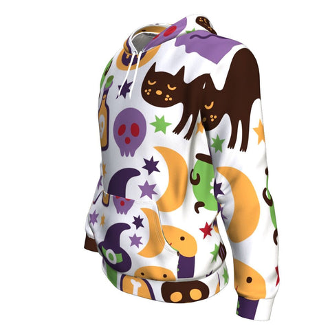 Image of Cat, Witches, Bats, Candy Sweet And Pumpkins With Halloween Hoodie Over Print - shirtskishirt