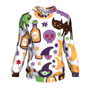 Cat, Witches, Bats, Candy Sweet And Pumpkins With Halloween Hoodie Over Print - shirtskishirt