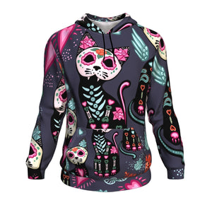 Cats And Colorful Decorative Flowers, Day Of The Dead And Halloween Hoodie Over Print - shirtskishirt