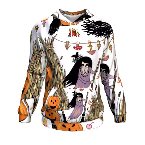 Image of Witches, Pumpkins & Cats Funny Halloween Hoodie Over Print - shirtskishirt