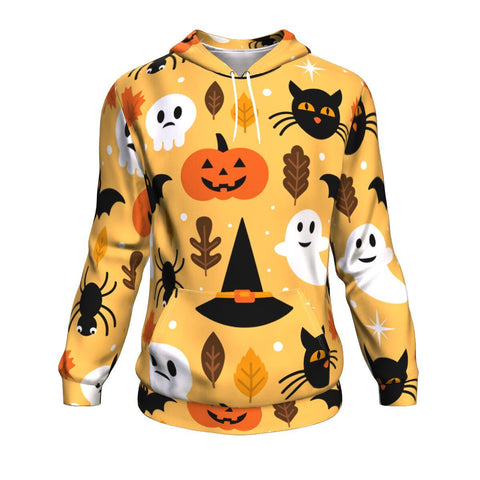 Image of Halloween Ghost Skull Pumpkin And Black Cat Halloween Hoodie Over Print - shirtskishirt