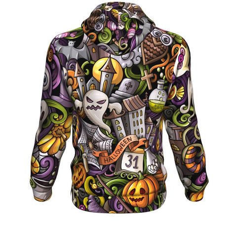 Image of Cartoon Cute Doodles Hand Drawn Halloween Hoodie Over Print - shirtskishirt