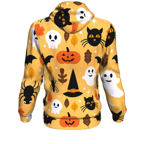 Image of Halloween Ghost Skull Pumpkin And Black Cat Halloween Hoodie Over Print - shirtskishirt