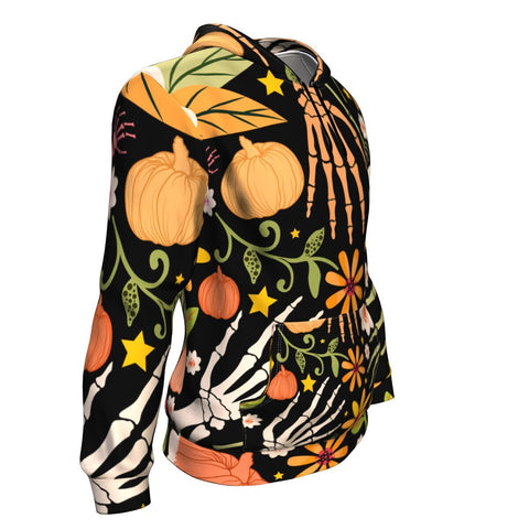 Image of Halloween With Bones And Floral Elements Halloween Hoodie Over Print - shirtskishirt