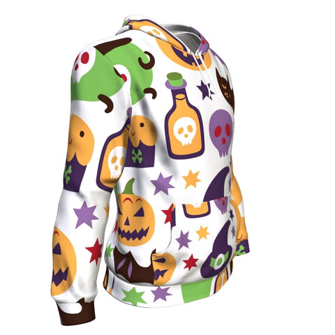 Image of Cat, Witches, Bats, Candy Sweet And Pumpkins With Halloween Hoodie Over Print - shirtskishirt