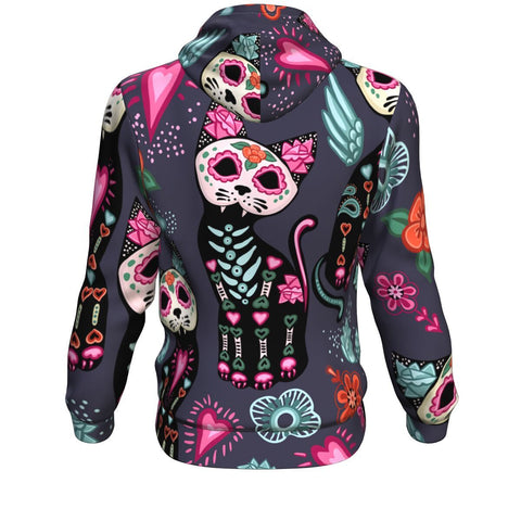 Image of Cats And Colorful Decorative Flowers, Day Of The Dead And Halloween Hoodie Over Print - shirtskishirt
