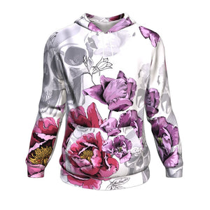 Pink Peony, Violet Tulips Flowers And Silver Gray Skulls Halloween Hoodie Over Print - shirtskishirt