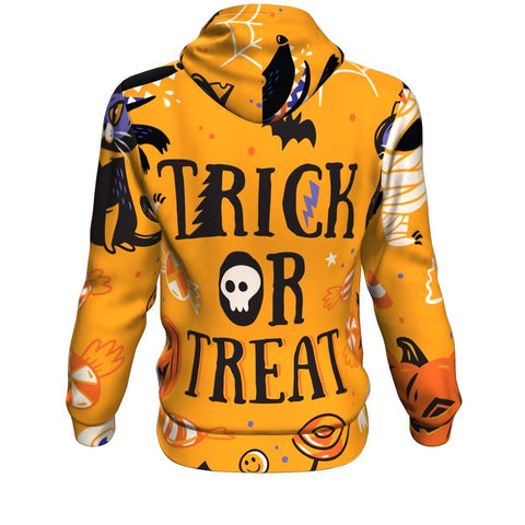 Image of Cartoon Wolf Mummy, Pumpkin, Cat And Sweets Funny Trick Or Treat Halloween Hoodie Over Print - shirtskishirt