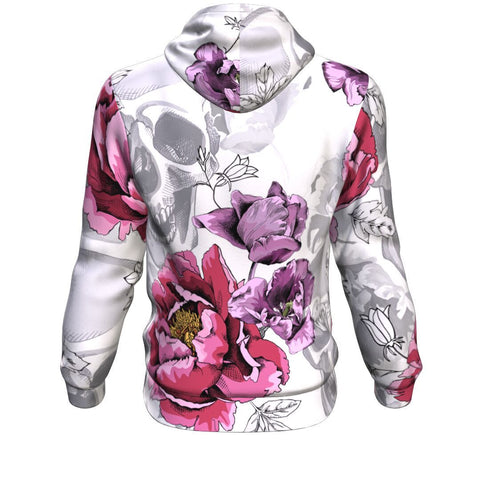 Image of Pink Peony, Violet Tulips Flowers And Silver Gray Skulls Halloween Hoodie Over Print - shirtskishirt