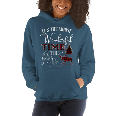 Image of It's The Moose Wonderful Time Of The Year Tartan Plaid Tree Deer Christmas Hooed Sweatshirt