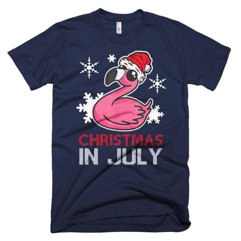 Image of Flamingo Funny Christmas T-Shirt In July Snowflakes Santa Hat Gift Shirt