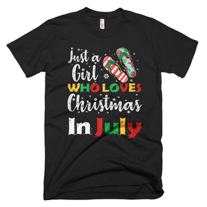 Womens Just A Girl Who Loves Xmas In July Santa Flip Flop Christmas T-Shirt