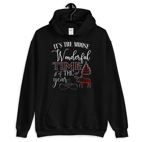 Image of It's The Moose Wonderful Time Of The Year Tartan Plaid Tree Deer Christmas Hooed Sweatshirt