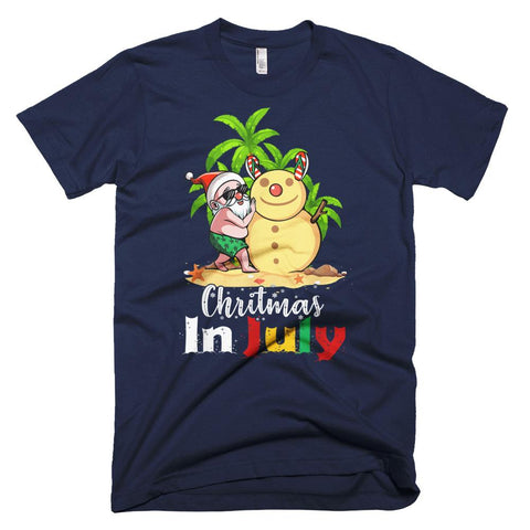 Image of Xmas In July Shirt Funny Santa Sand Snowman On Beach Christmas T-Shirt