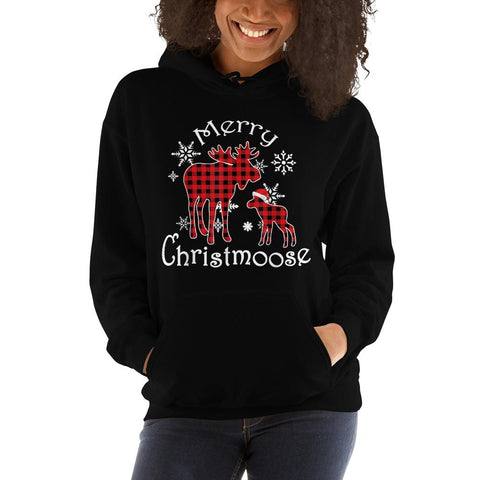 Image of Merry Christmoose Moose Buffalo Tartan Red Plaid Christmas Hooded Sweatshirt