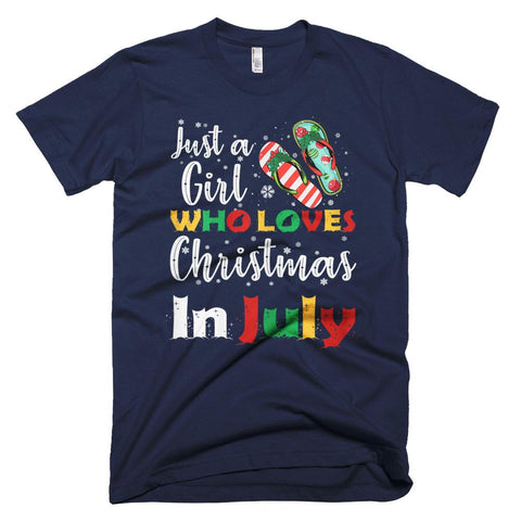 Image of Womens Just A Girl Who Loves Xmas In July Santa Flip Flop Christmas T-Shirt