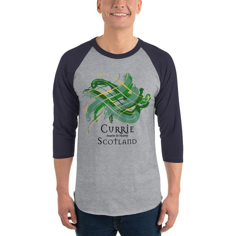 Image of Clan Currie Tartan Scottish Sleeve Baseball Tee