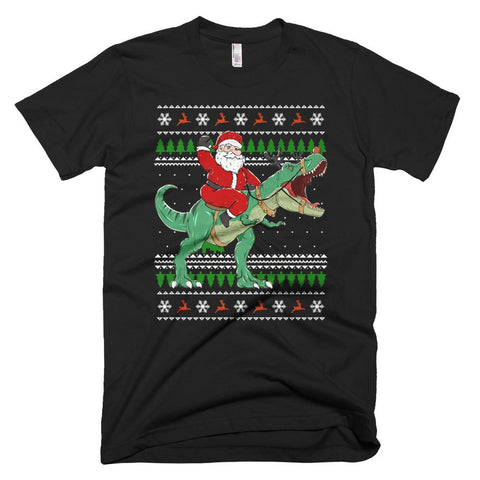 Image of Santa Riding Dino Ugly Sweater Funny Christmas T-Shirt