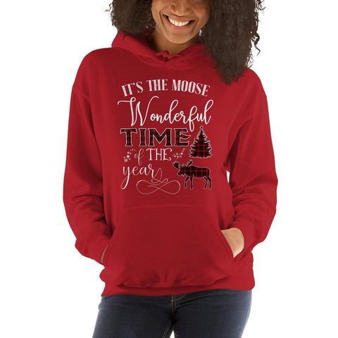 Image of It's The Moose Wonderful Time Of The Year Tartan Plaid Tree Deer Christmas Hooed Sweatshirt