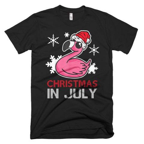 Image of Flamingo Funny Christmas T-Shirt In July Snowflakes Santa Hat Gift Shirt