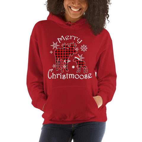 Image of Merry Christmoose Moose Buffalo Tartan Red Plaid Christmas Hooded Sweatshirt