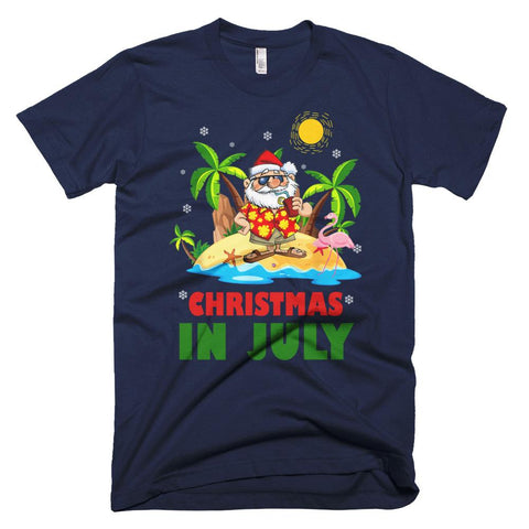 Image of Xmas in July Shirt Flamingo and Hawaiian Lover Gifts Christmas T-Shirt