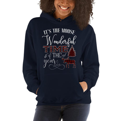 Image of It's The Moose Wonderful Time Of The Year Tartan Plaid Tree Deer Christmas Hooed Sweatshirt