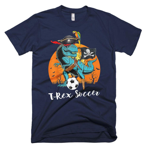 Image of Jolly Roger T-rex Dinosaur Pirate Soccer Halloween T-Shirt