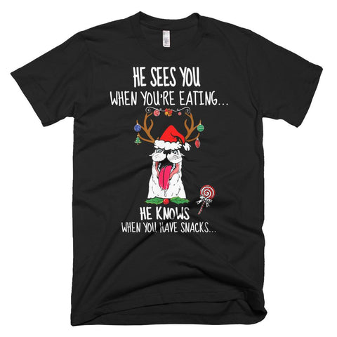 Image of Christmas T-Shirt Dog He Sees You When You're Eating